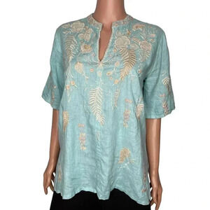 Johnny Was Los Angeles Sidra Easy Linen V Neck Top embroidered size XS